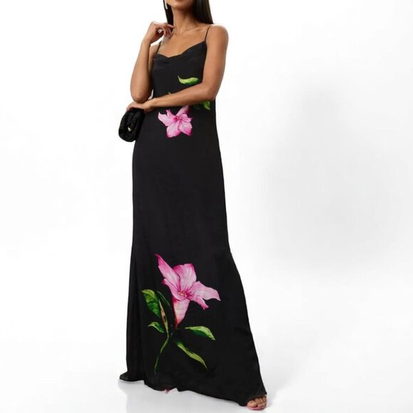 Rocco Sand Black Strappy Cowl Neck Oversized Floral Maxi Dress Size XL - Picture 2 of 15